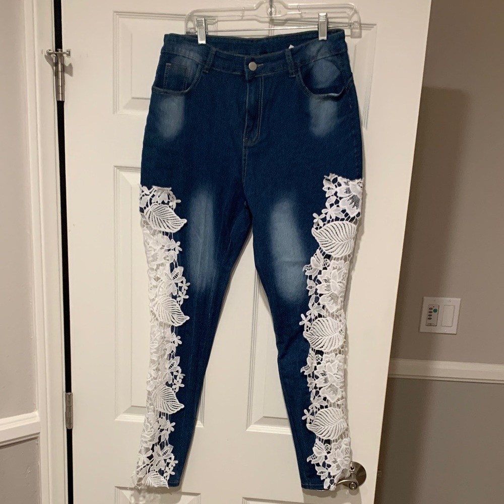 Women's Blue Jeans with White Lace Detail